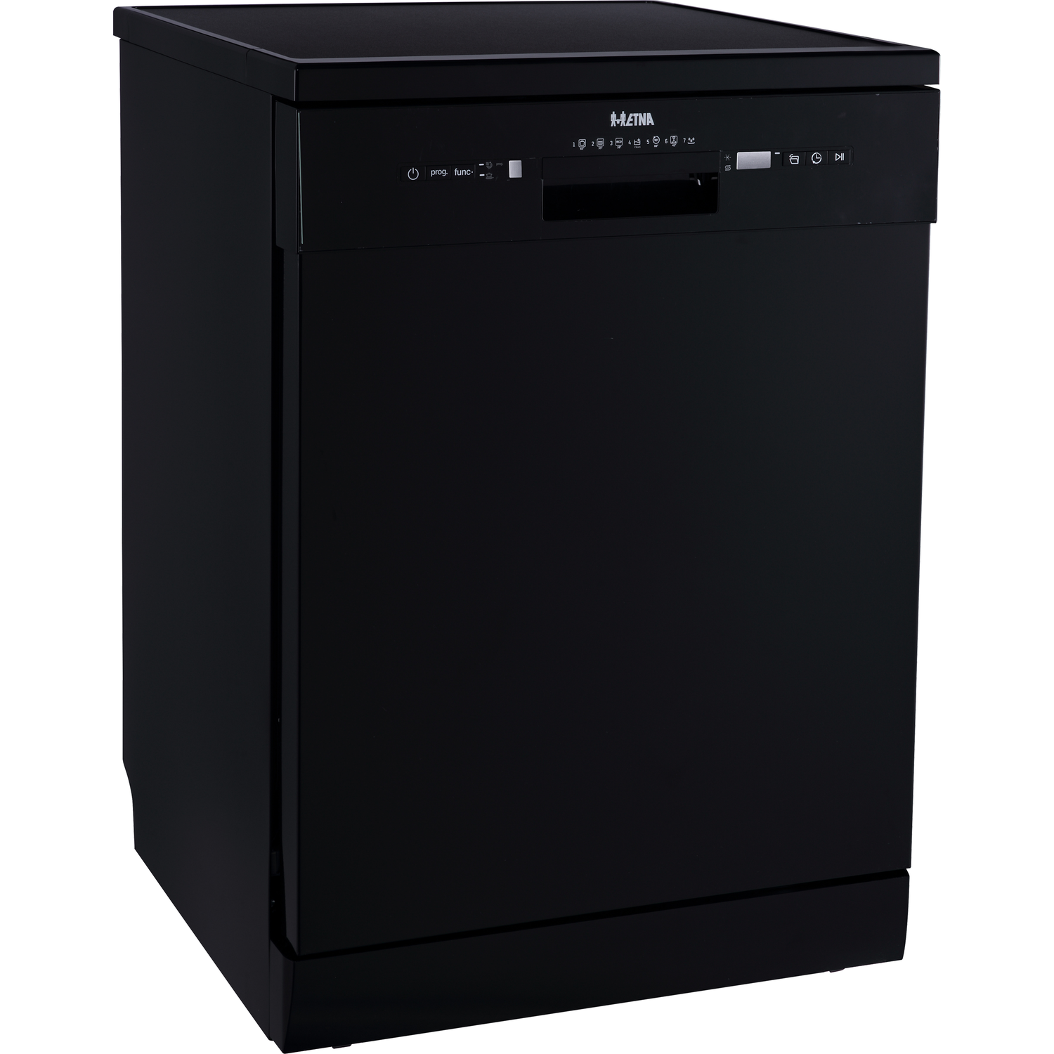 Black dishwasher with control panel, door closed, on a white background.