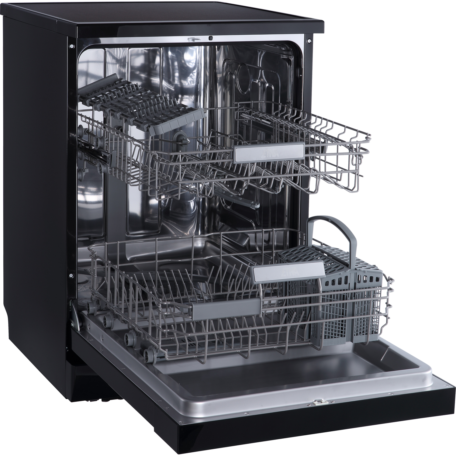 Black dishwasher with the door open, revealing racks and interior.