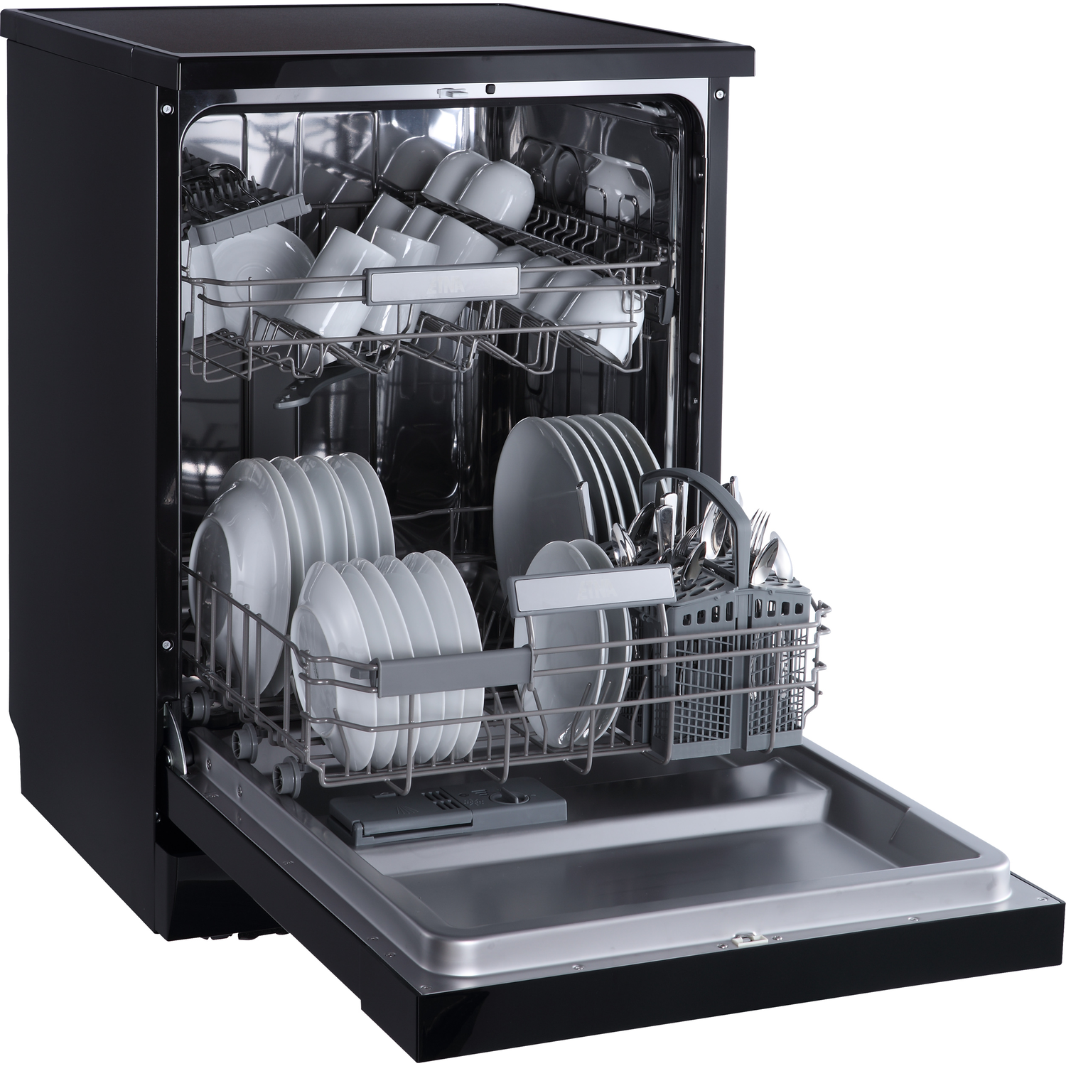Black dishwasher with white dishes inside, door open.
