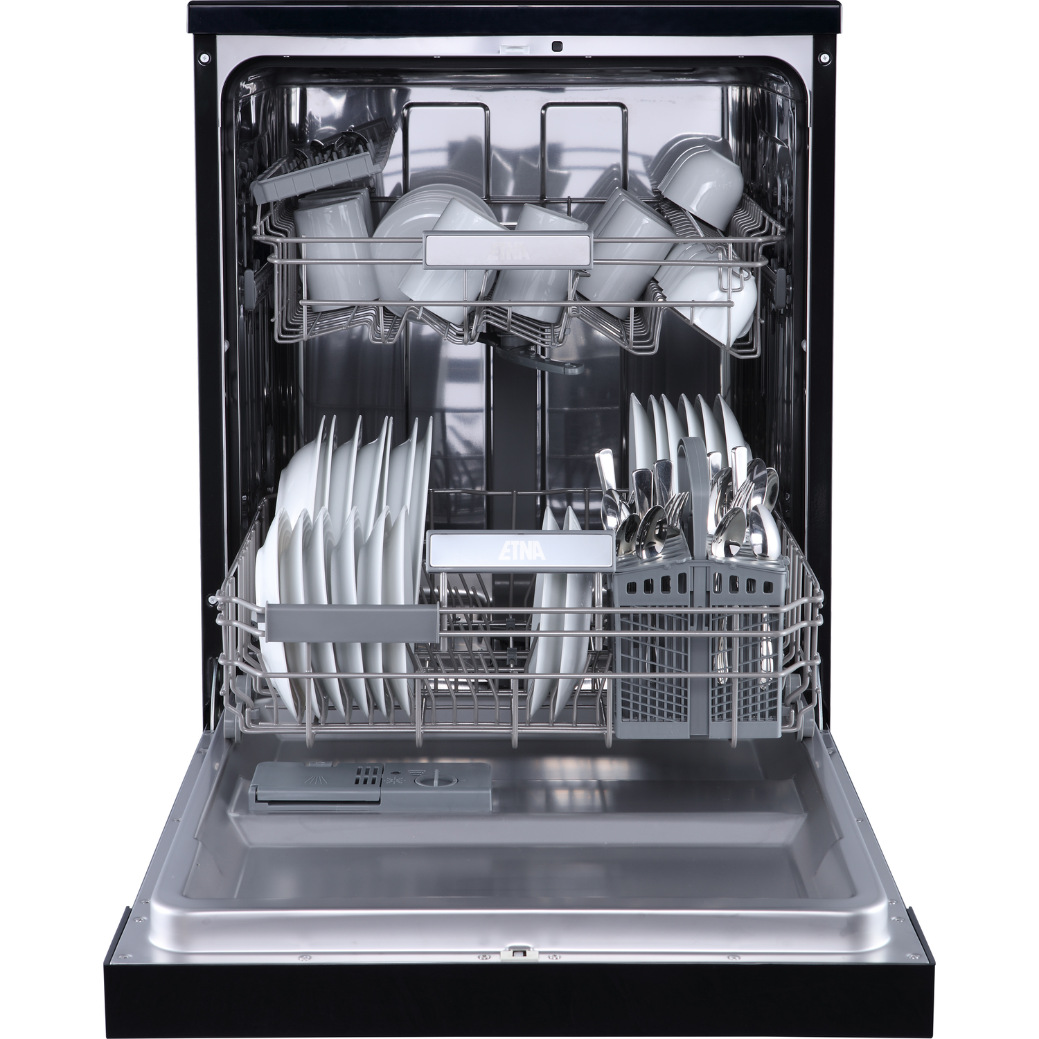 An open dishwasher with clean white dishes, glasses, and silverware inside.