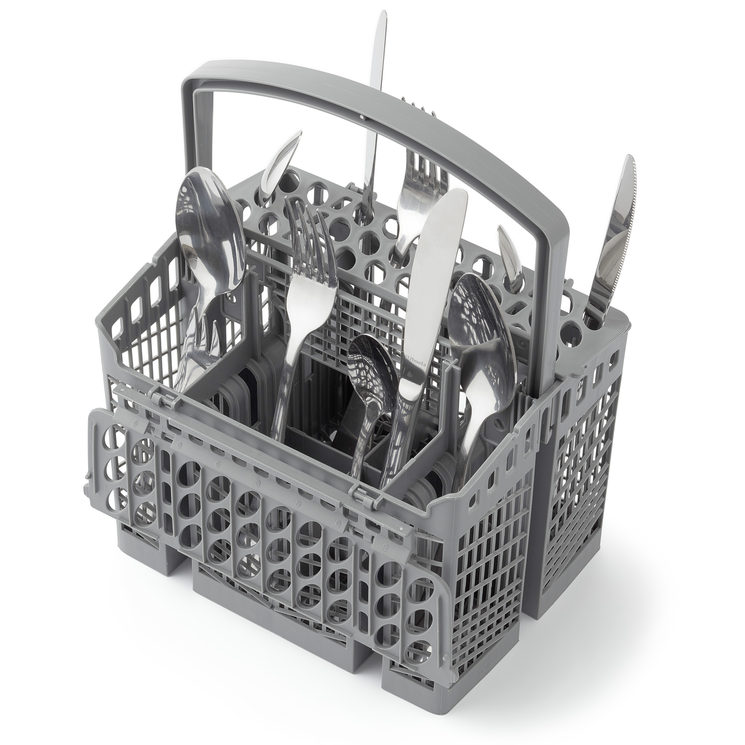 A gray dishwasher basket filled with silverware: spoons, forks, knives.