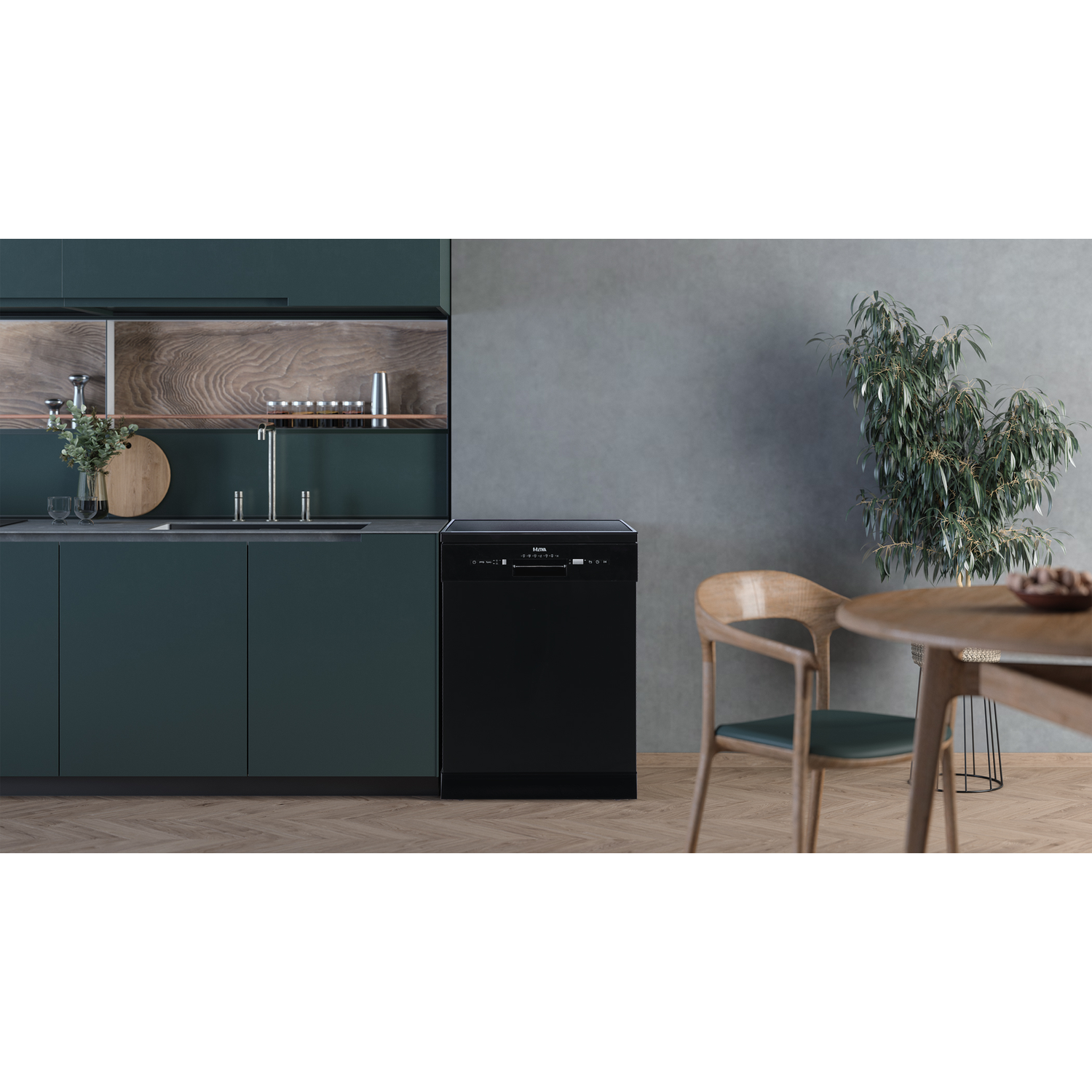 A black dishwasher in a kitchen setting with a green cabinet and table.