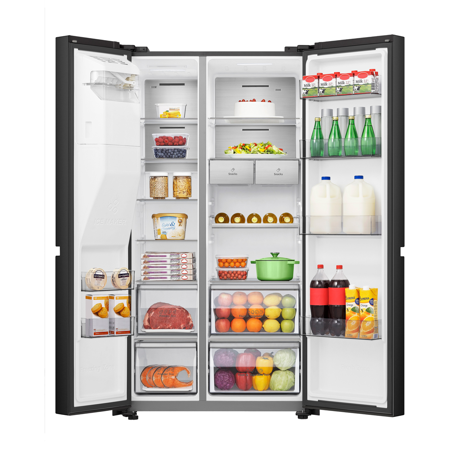 Black refrigerator, both doors open, filled with food and drinks, white background.