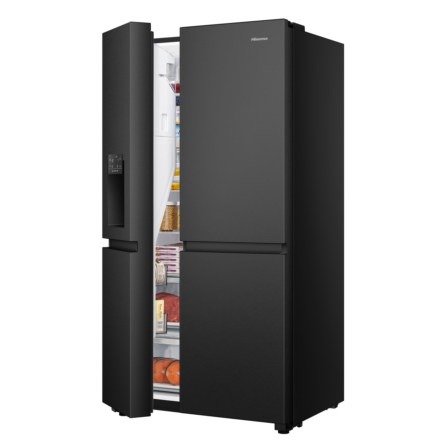 A black Hisense refrigerator with opened doors, showing the inside.