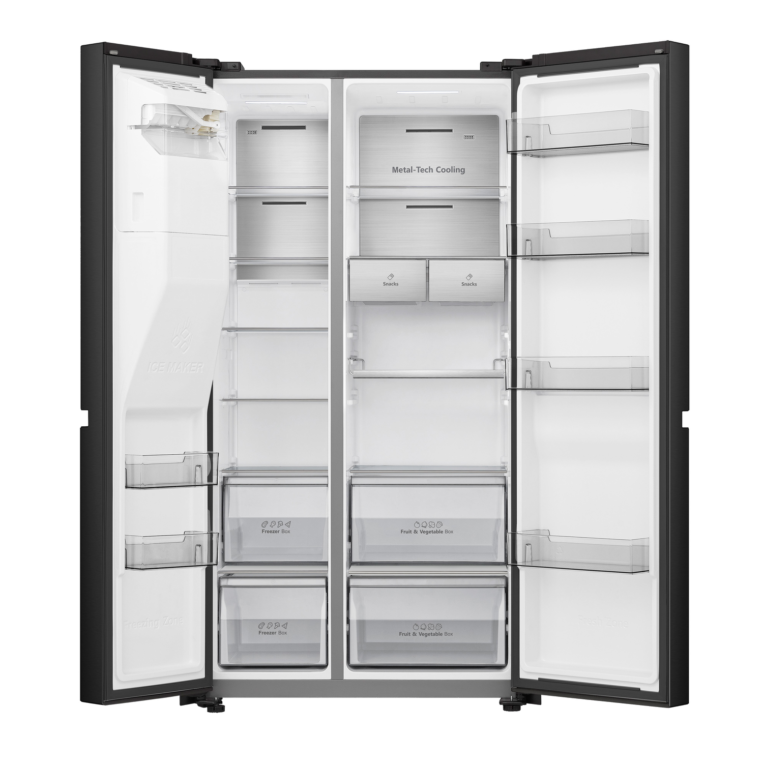 Open refrigerator with all the shelves and drawers visible.