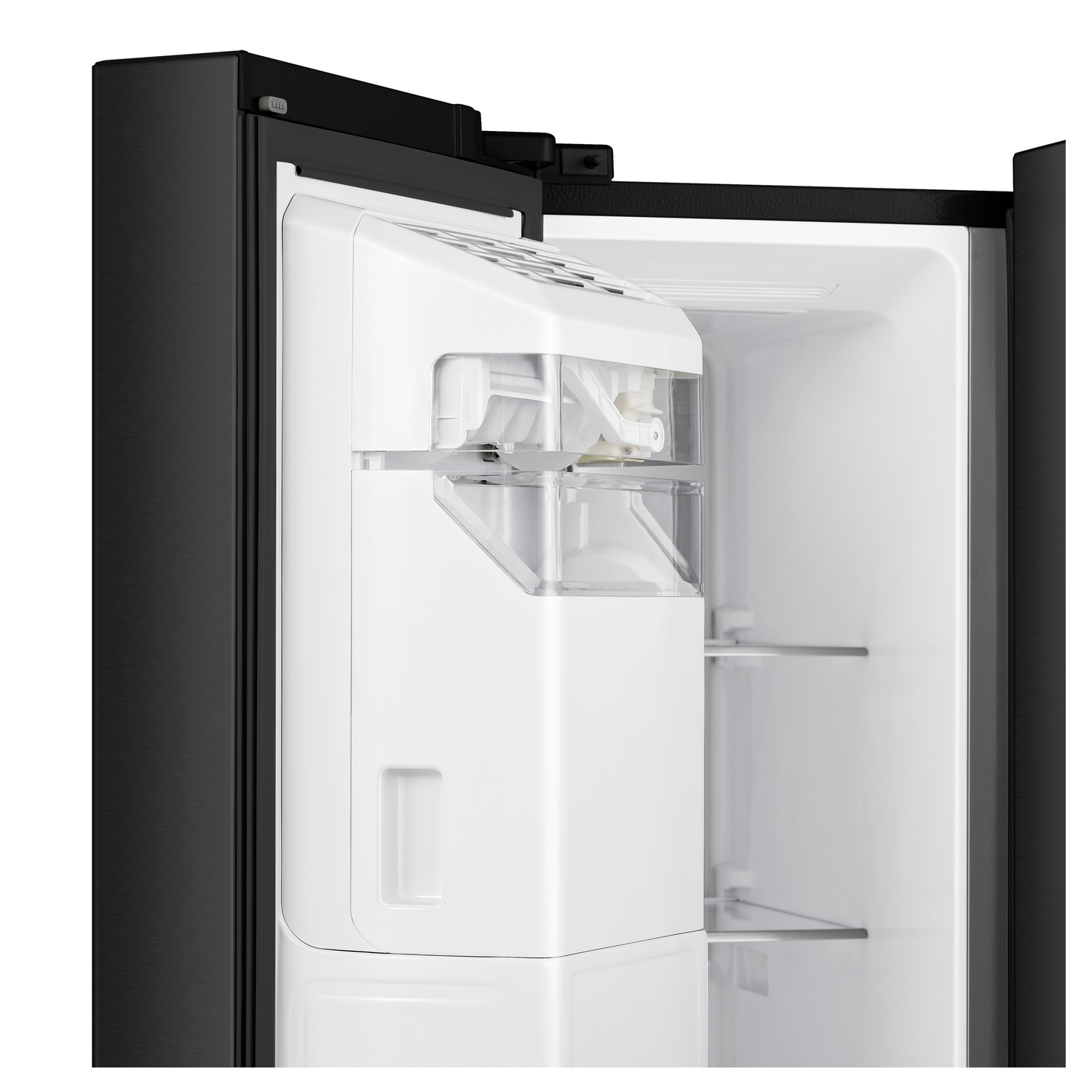 Black refrigerator with the door open, showing the ice maker and shelves.