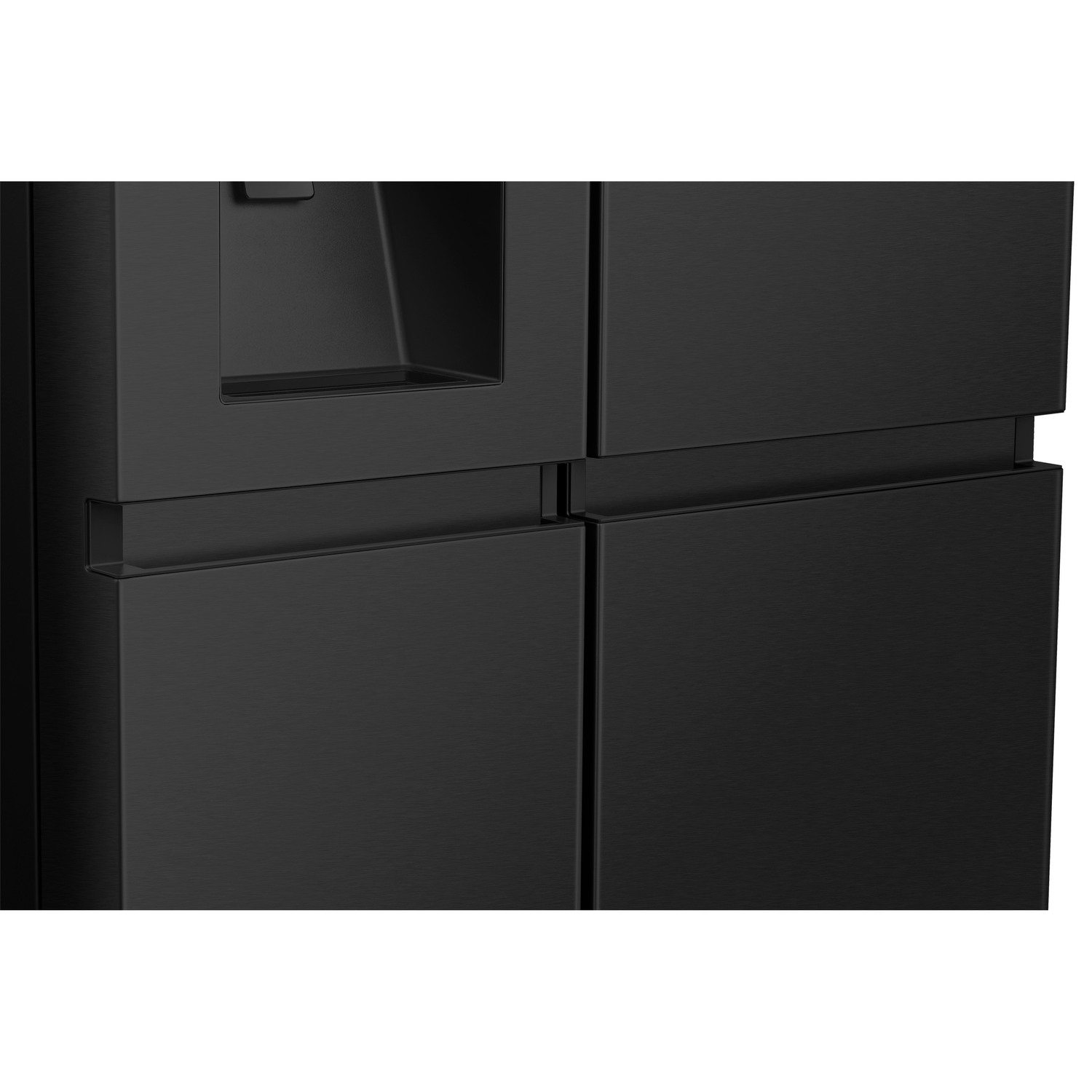 Close-up of a black refrigerator door with handles. The door has a textured finish.
