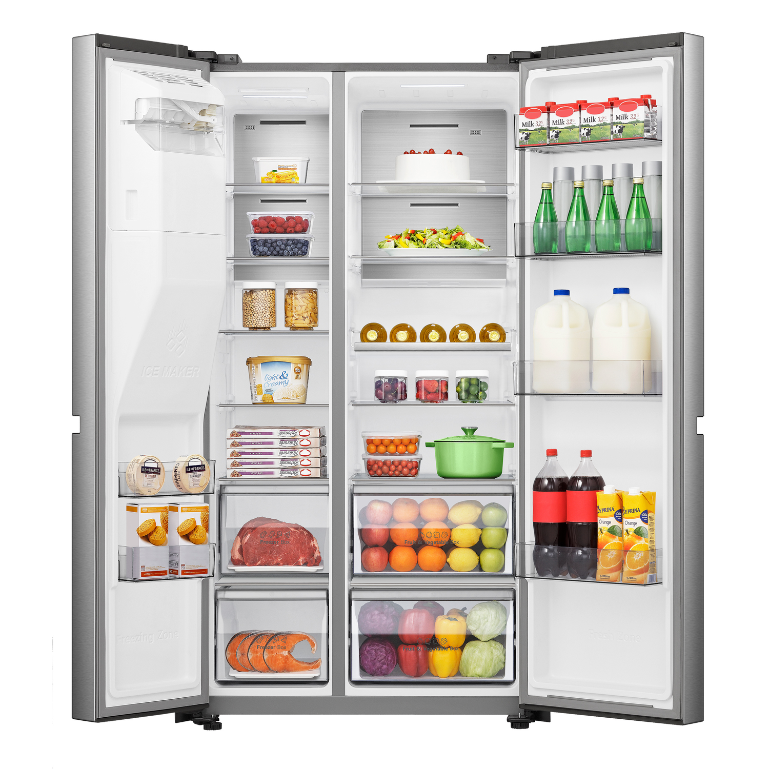 Opened stainless steel refrigerator filled with food items.