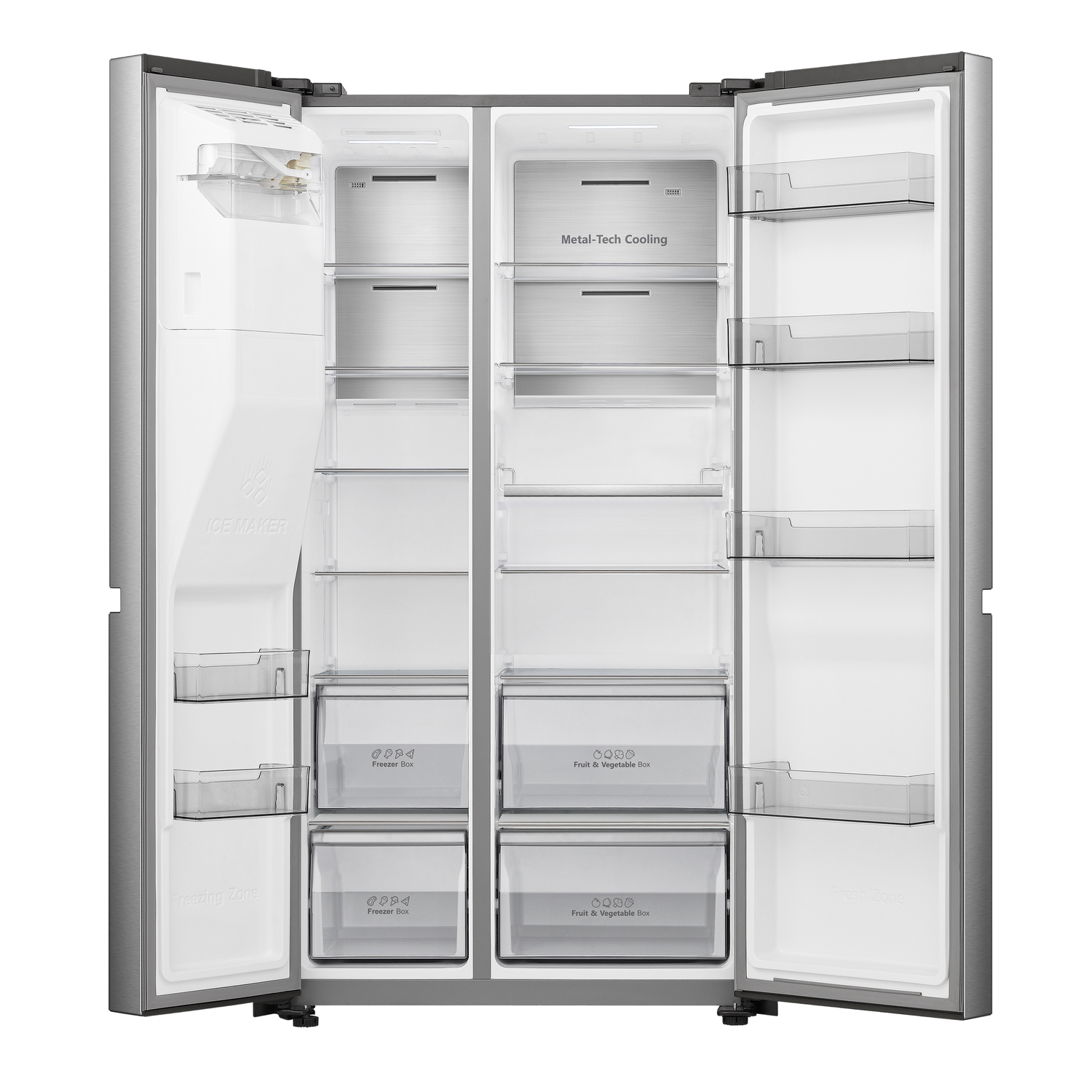Open silver refrigerator, revealing shelves, drawers, and various food items.