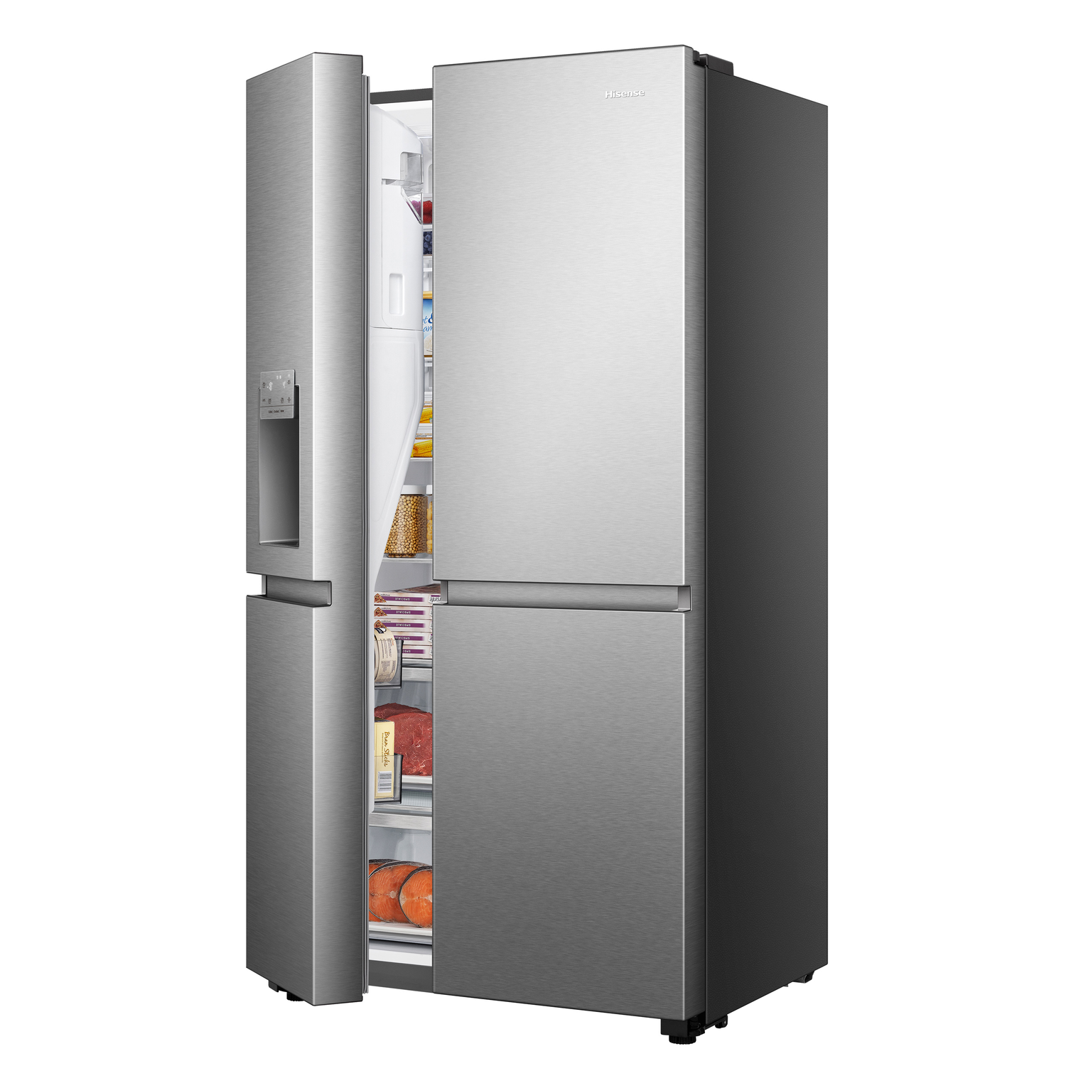 Silver fridge with open doors. Food items are visible inside. Black sides and wheels are present.