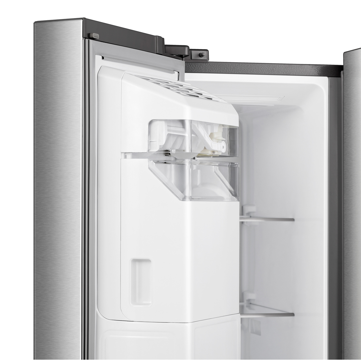 Refrigerator door ajar, revealing ice maker and interior.