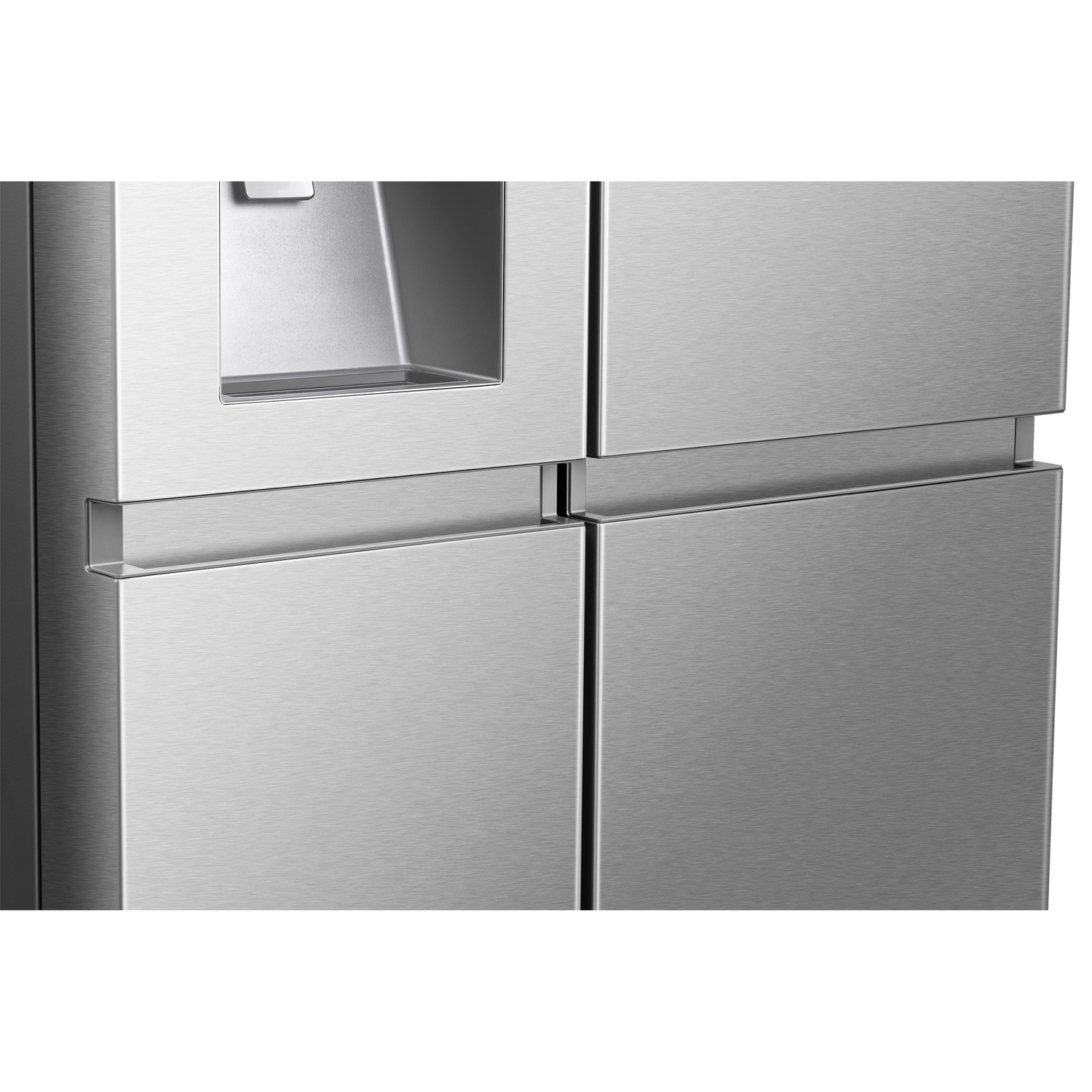 A close-up of a stainless steel refrigerator with handles and doors.