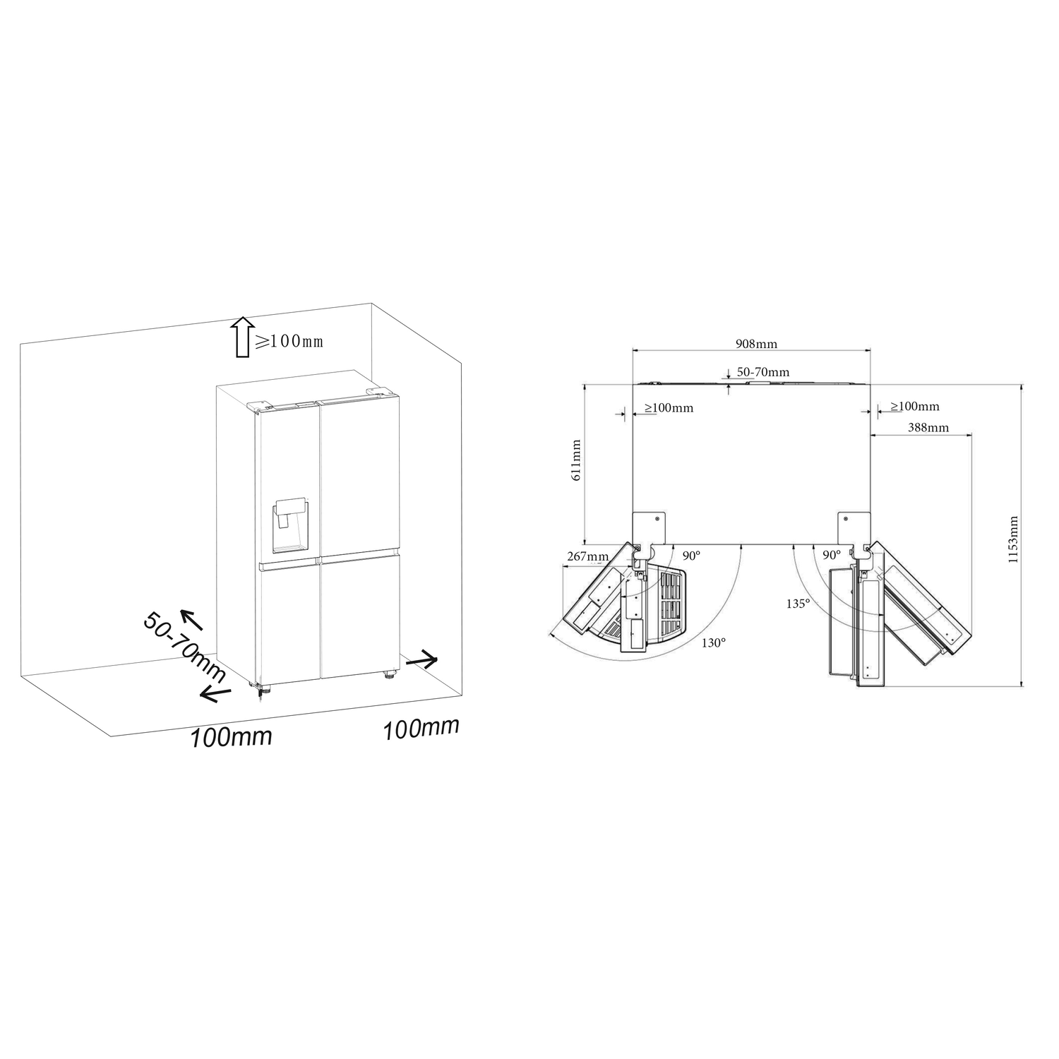 Diagram of a refrigerator and dimensions including space needed for installation.