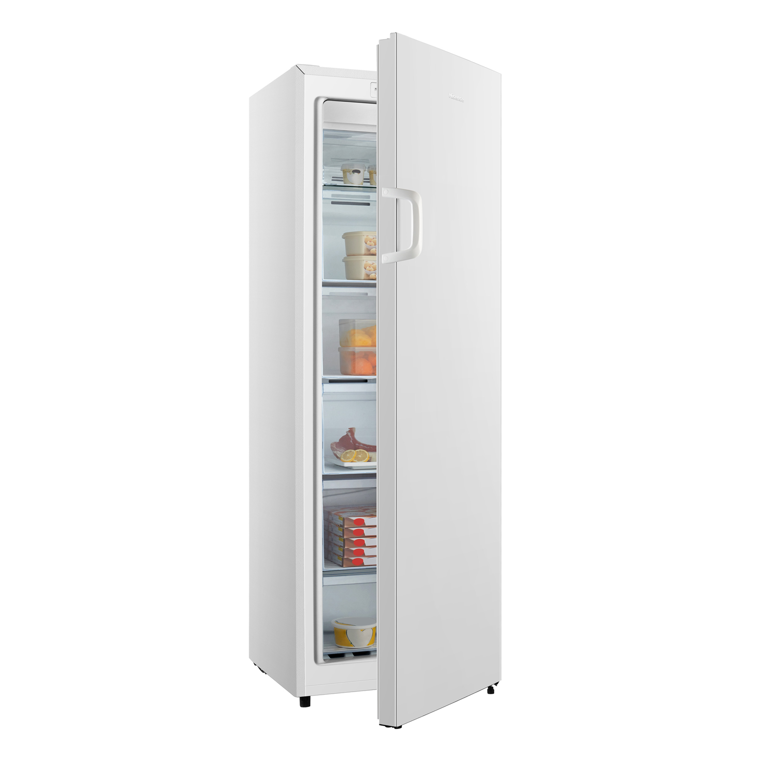 White refrigerator with open door showing shelves with food items.