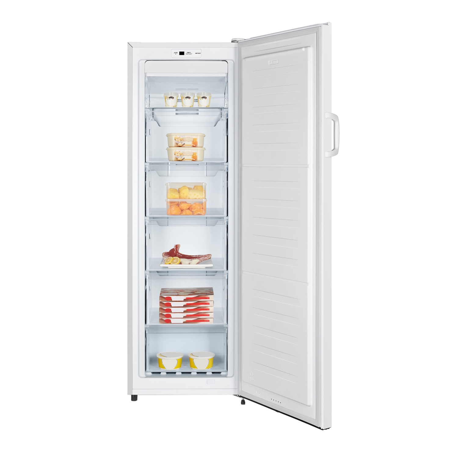 White freezer with open door, showing shelves with food. White interior and handle.