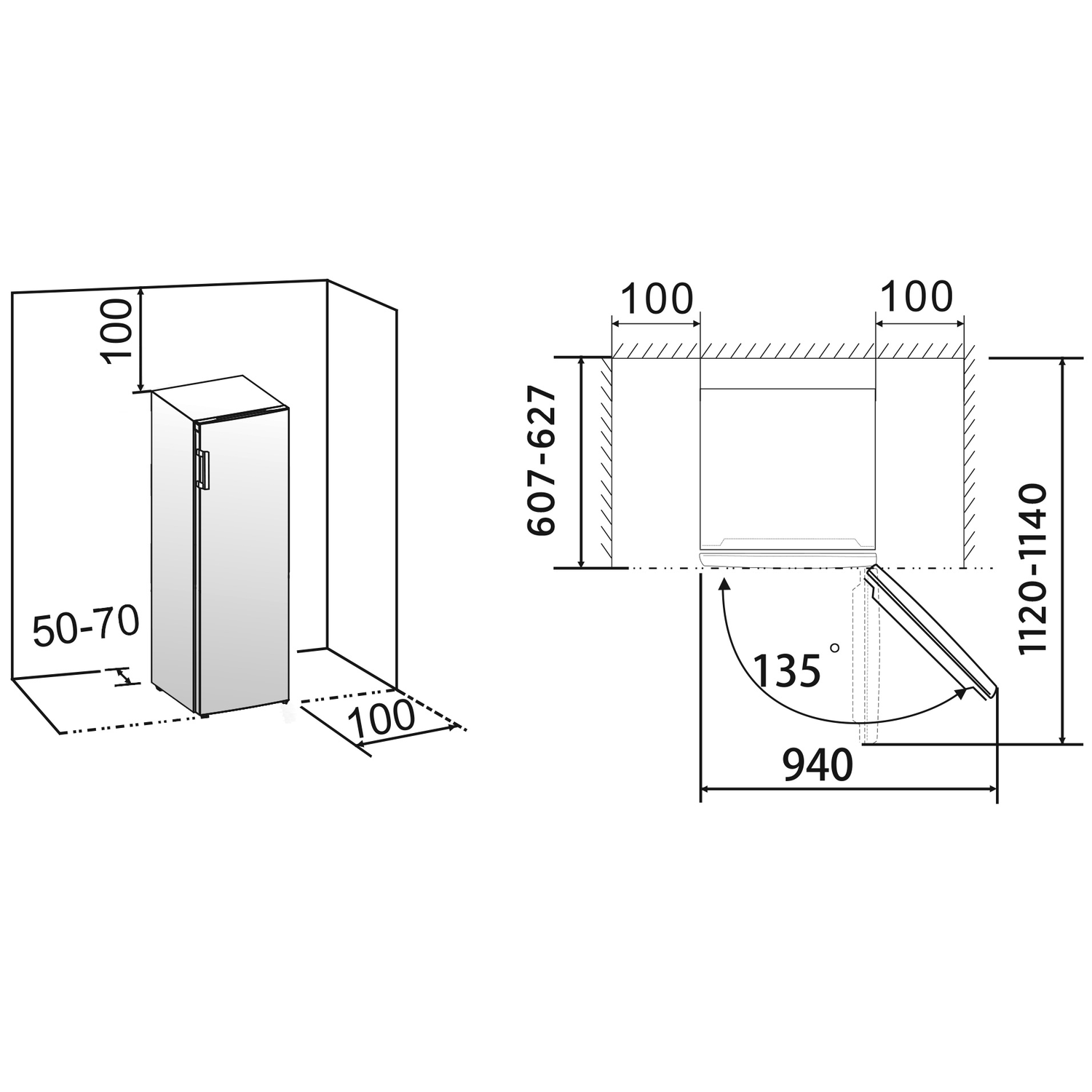A technical drawing shows a refrigerator, with dimensions and a 135 degree door opening.