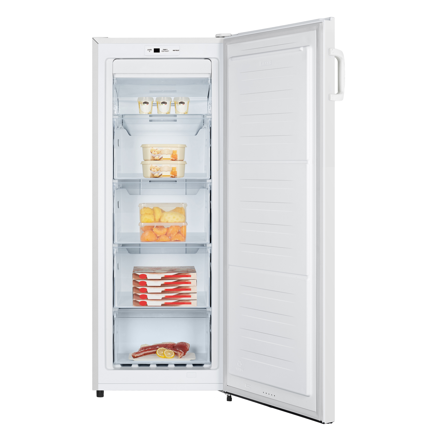 Open witte koelkast met inhoud, inclusief voedsel in bakjes en diepvriesproducten.