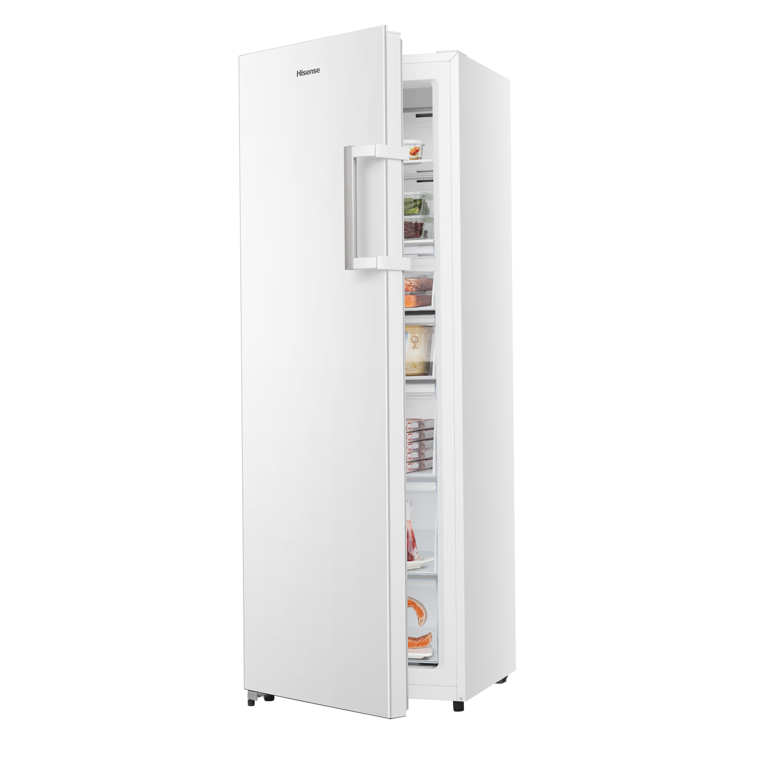 A white Hisense freezer with the door open, revealing shelves with food inside.