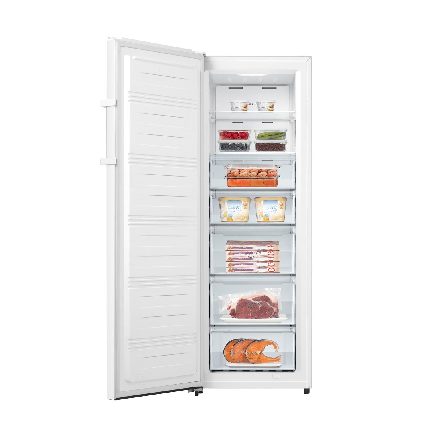 A white refrigerator with its door open, showing shelves filled with food items.