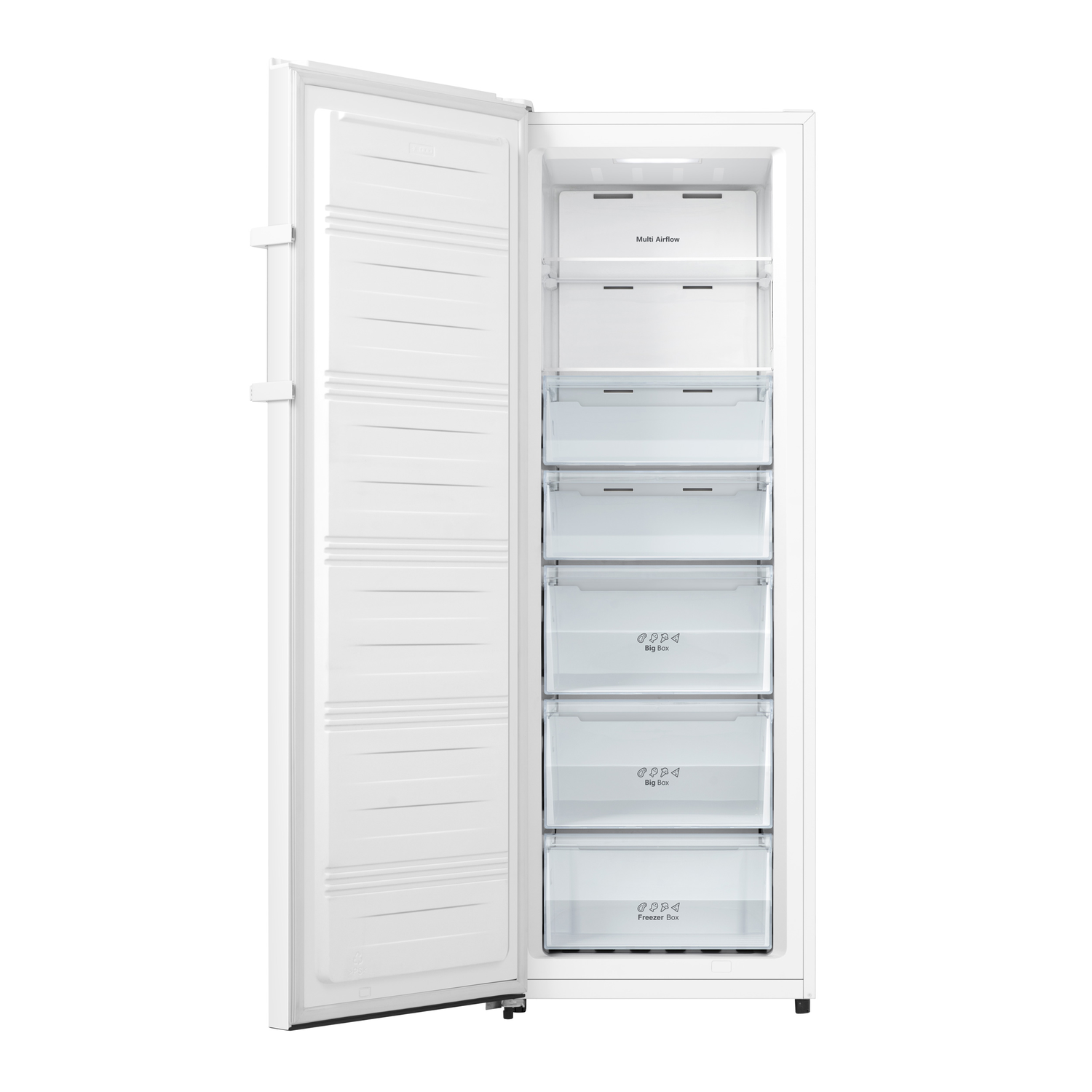 A white freezer with the door open, showing drawers and shelves.
