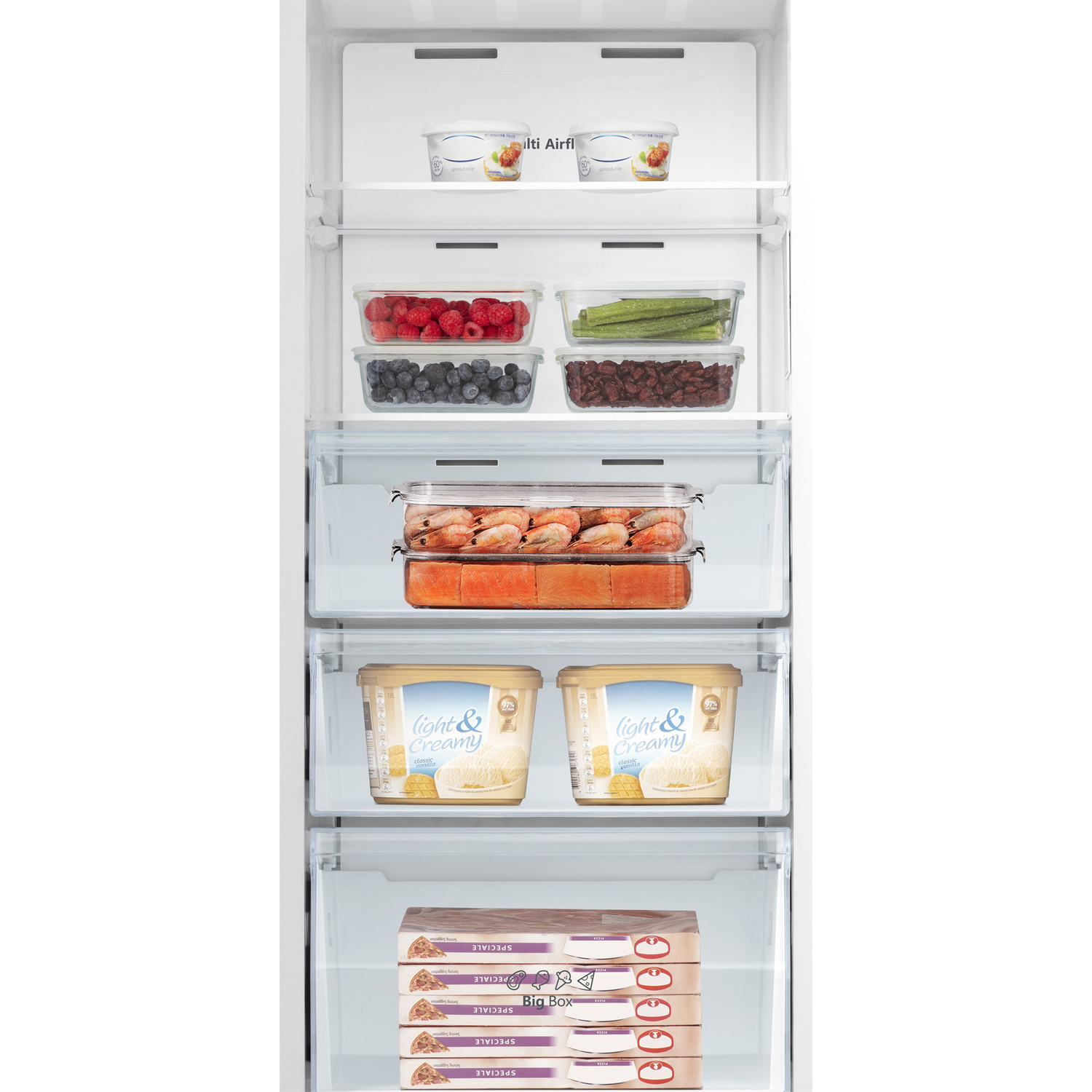 Inside a refrigerator, shelves hold various food items: berries, produce, ice cream, and frozen goods.
