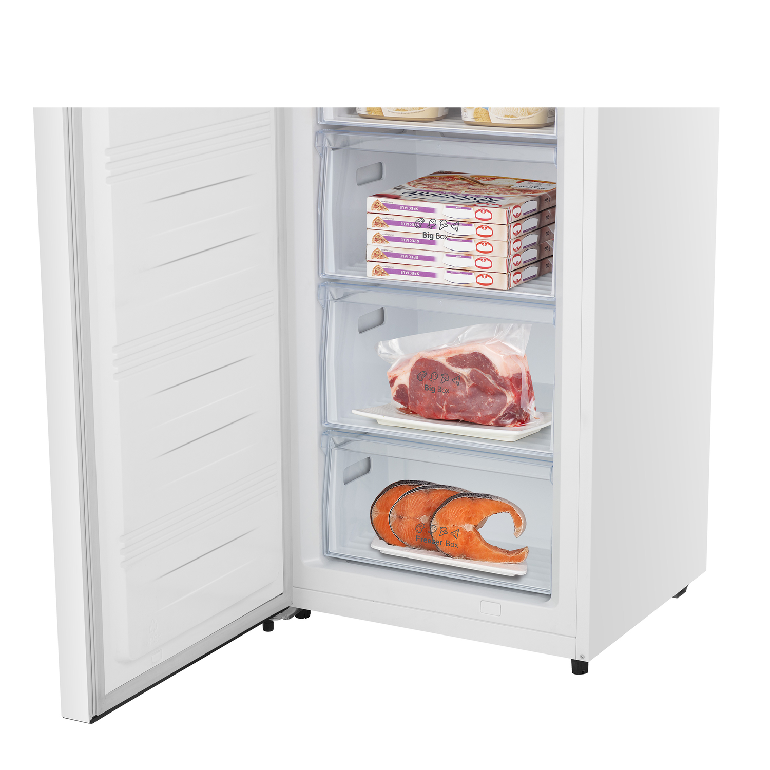 Open white freezer with drawers containing food items like salmon, meat, and pizza.