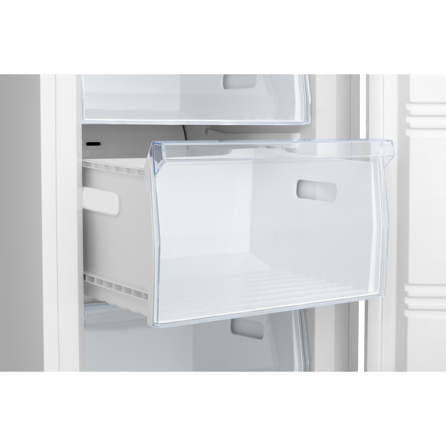 Close up of a freezer drawer.