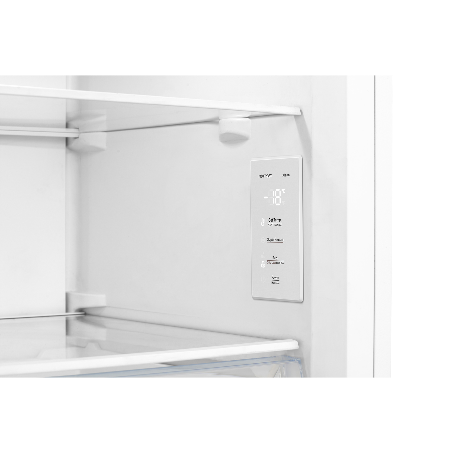 Interior of a white refrigerator, with a digital display showing -18 degrees Celsius.