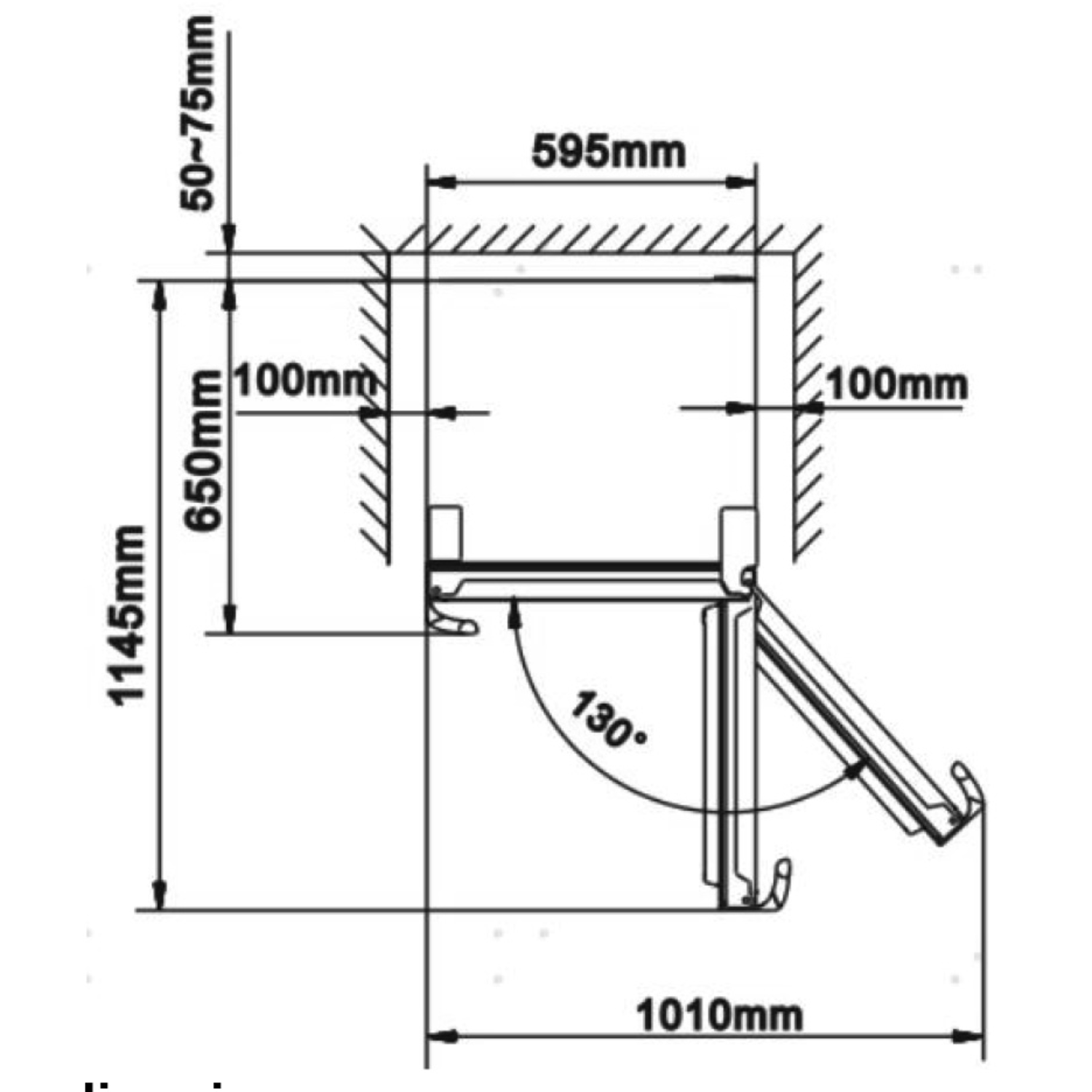 Diagram with dimensions in millimeters of a kitchen appliance.
