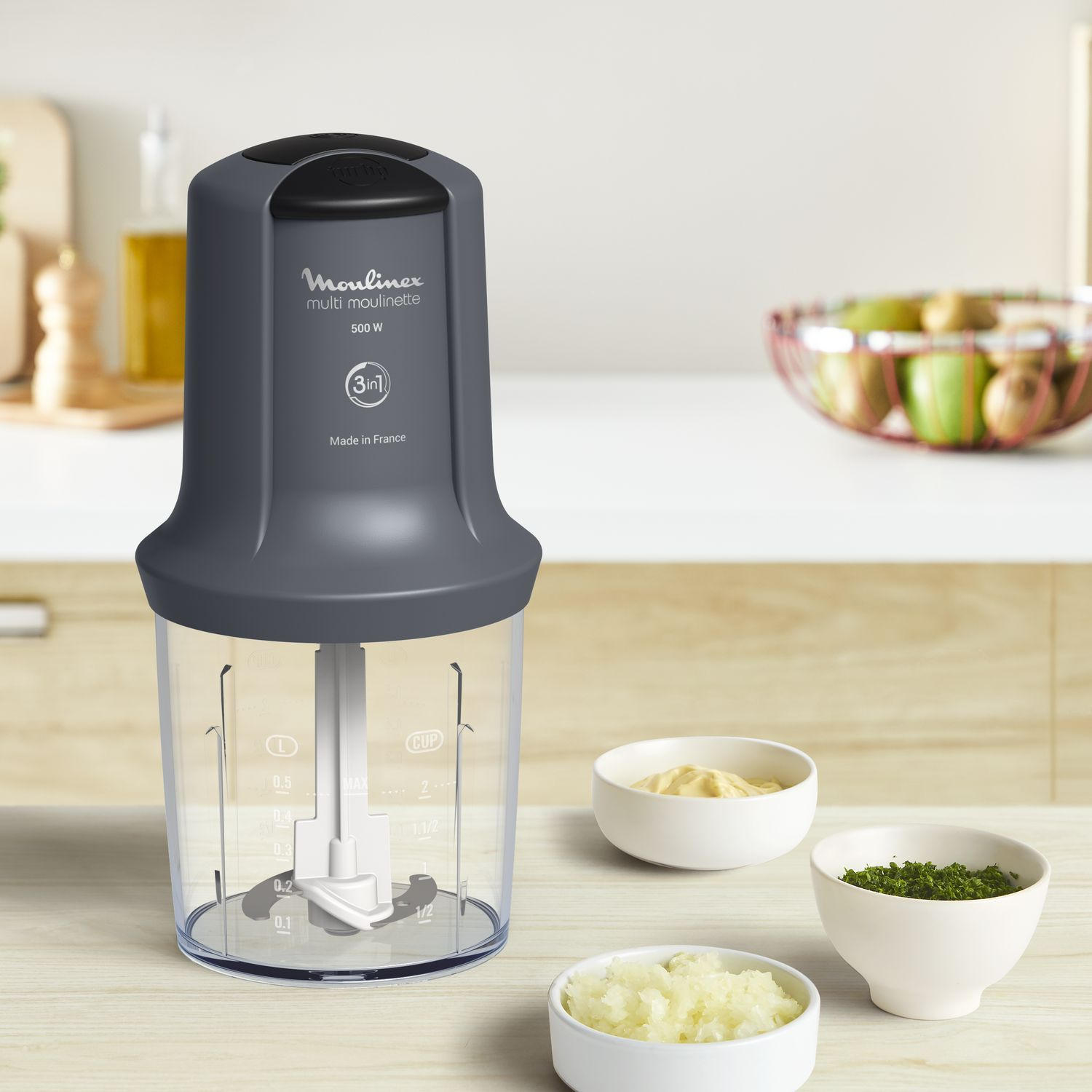 A Moulinex Multi Moulinette 3 in 1 food processor with food bowls.