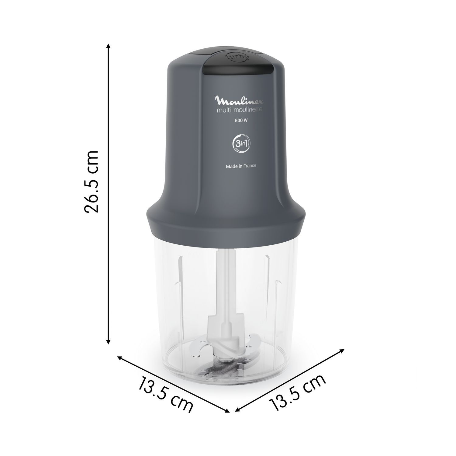 Gray Moulinex multi moulinette, with dimensions, on a white background. Measurements are included.