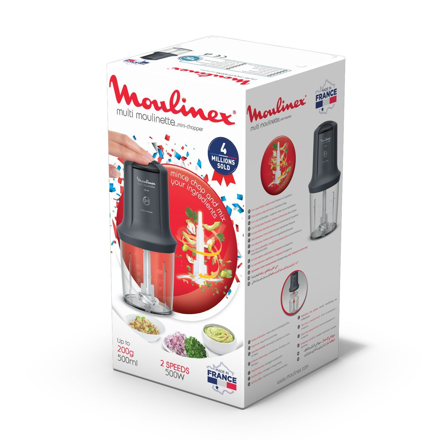 A Moulinex mini chopper box. It shows the product, ingredients, and text in multiple languages.