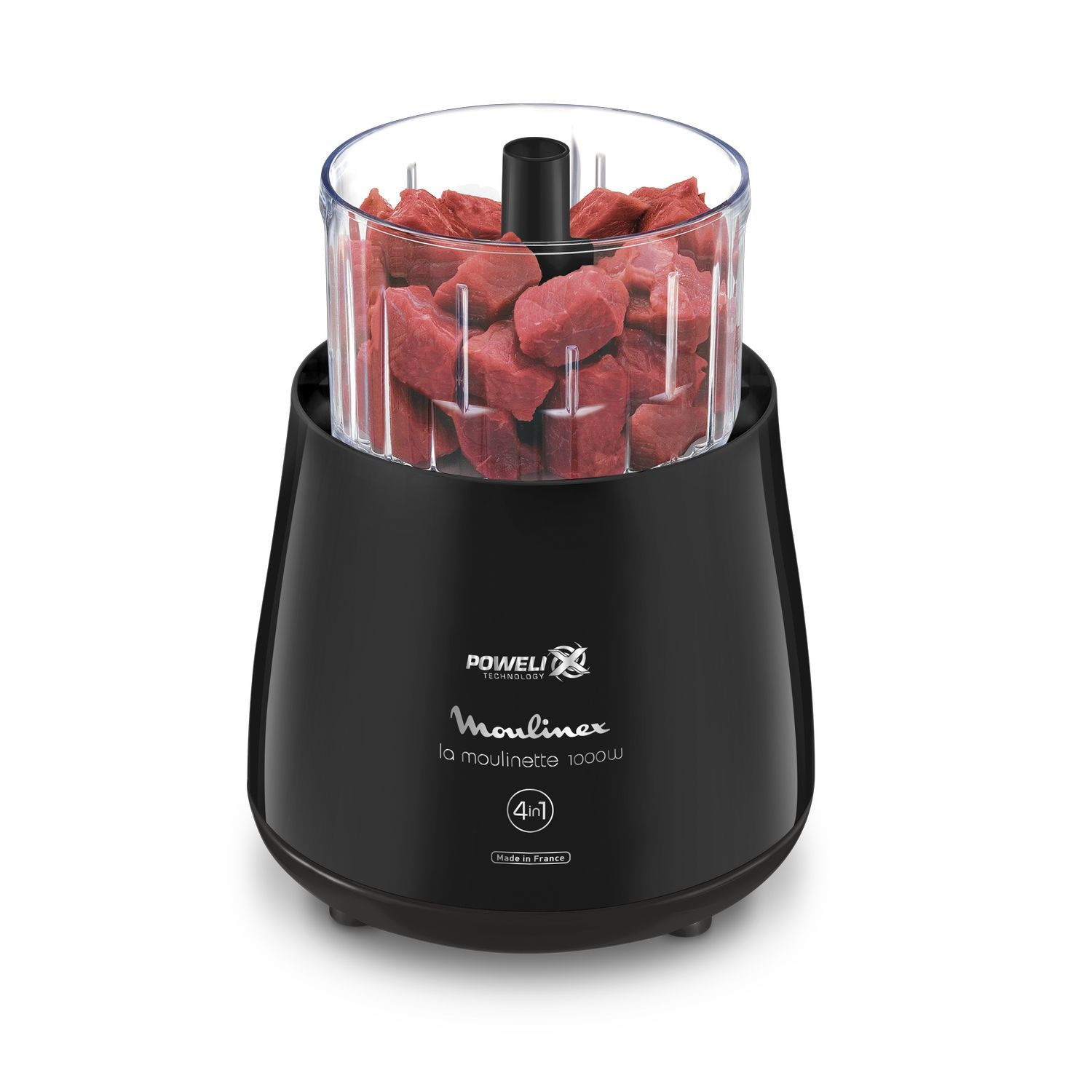 Black Moulinex food chopper with clear container filled with red meat chunks.