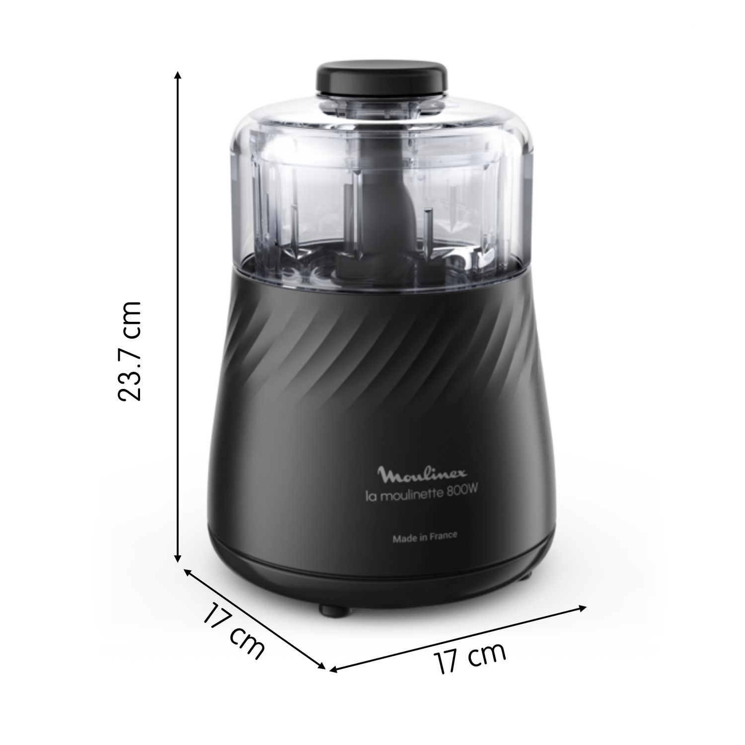 Black Moulinex food processor with measurements, on a white background. Dimensions are shown.