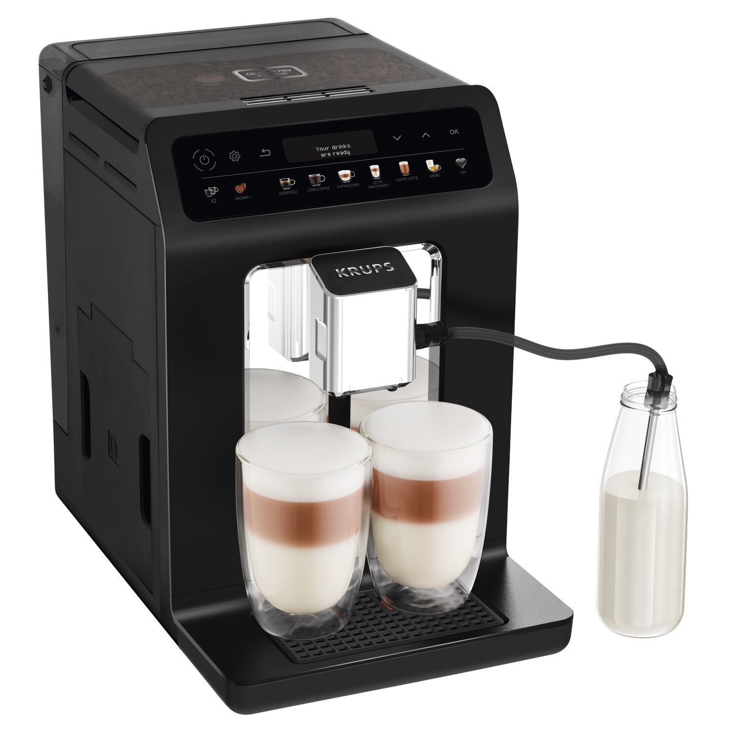 Black Krups coffee machine with two glasses of latte and a milk bottle.