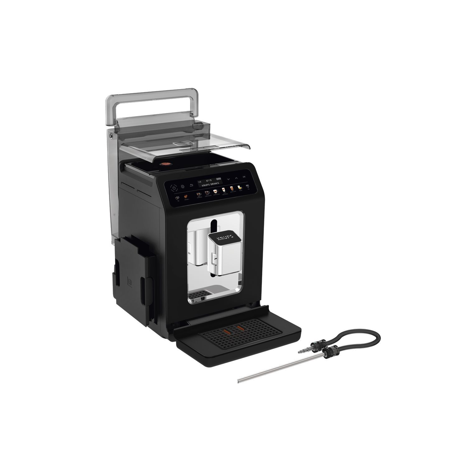 A black Krups coffee machine with an open top and a cup holder.