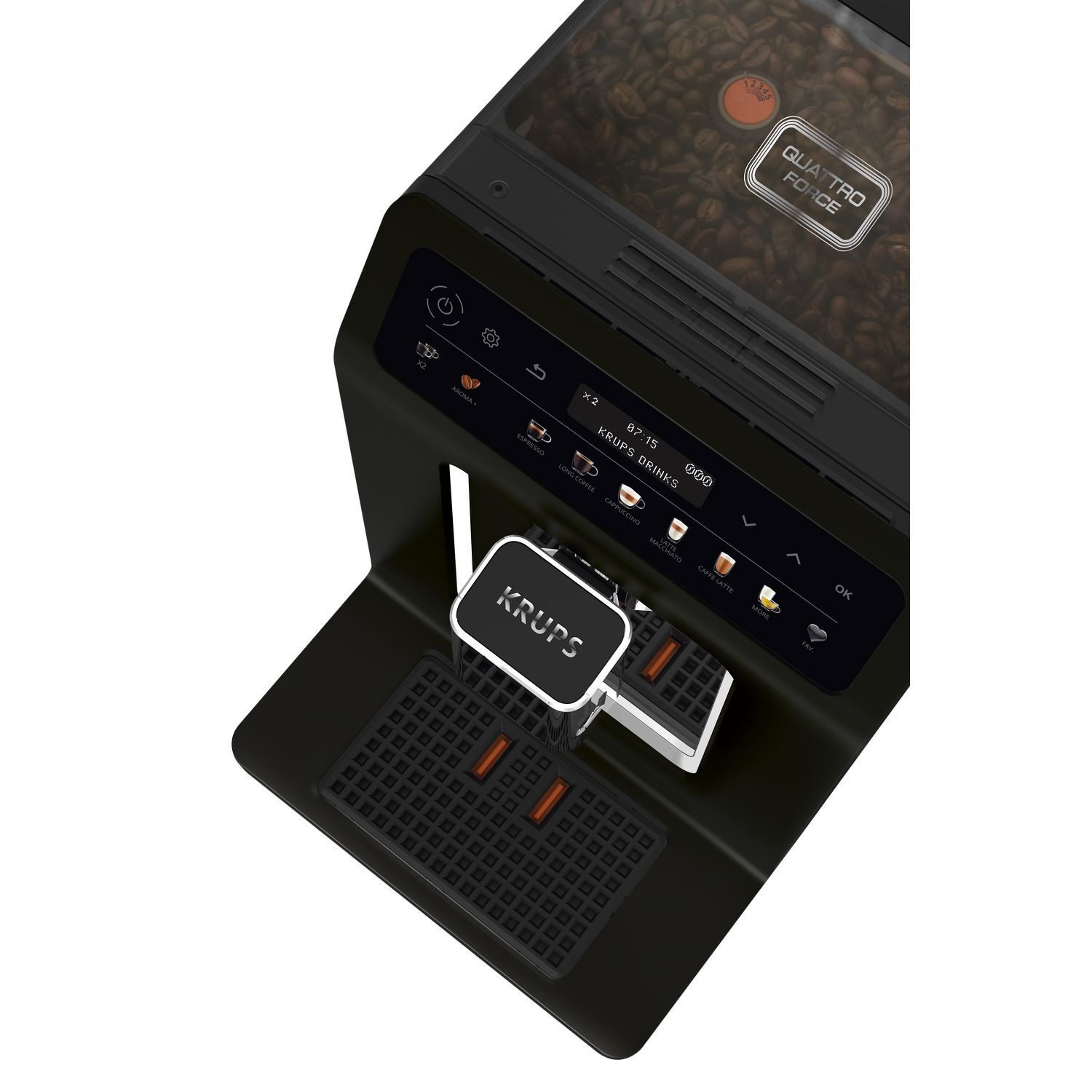 Black Krups coffee machine. The bean container is at the top, with various drink icons.