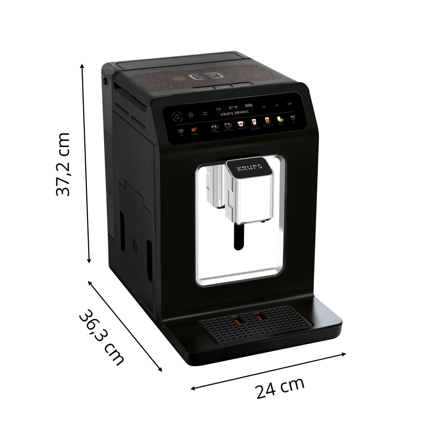 Black Krups coffee machine with dimensions labeled in cm.  It has a touchscreen.