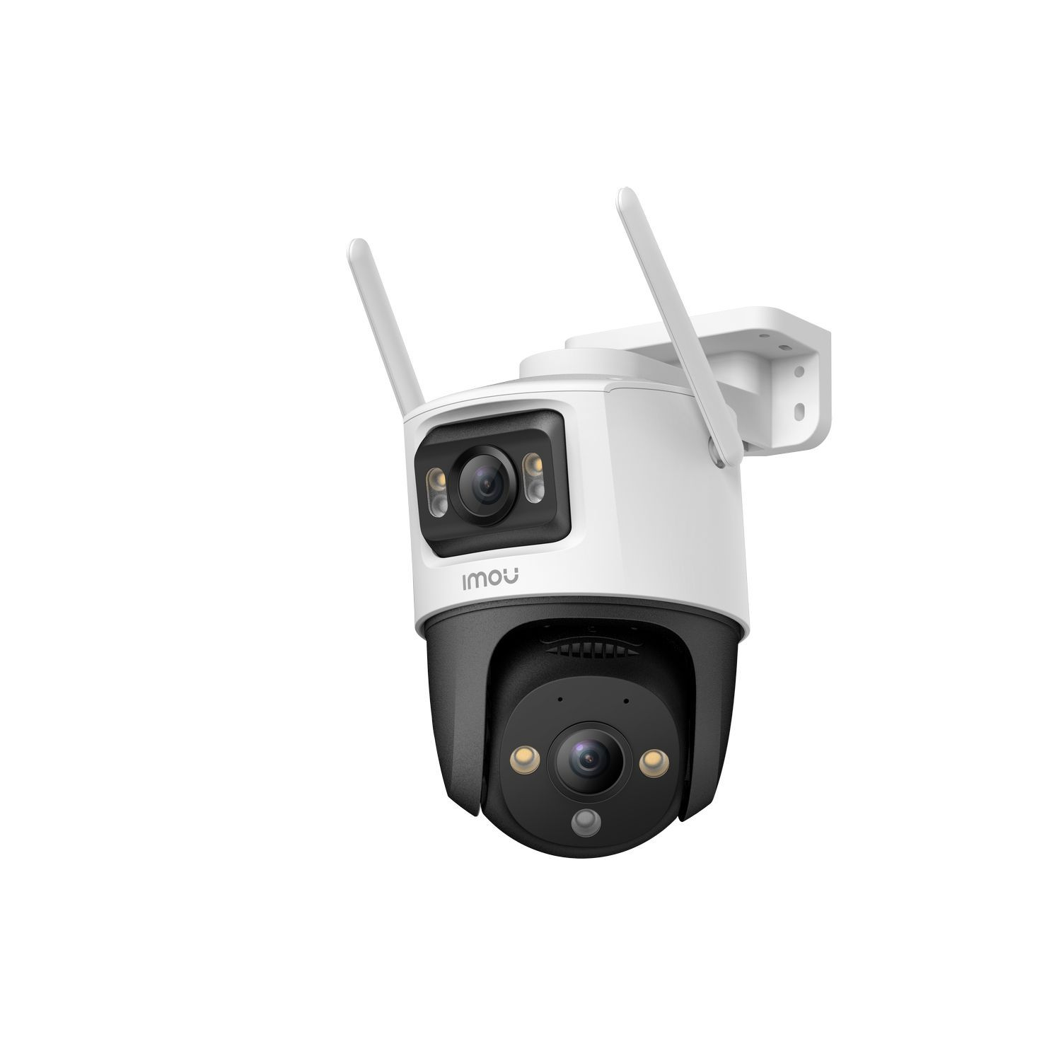 White and black security camera mounted on a white wall. It has two antennas and a rotatable head.