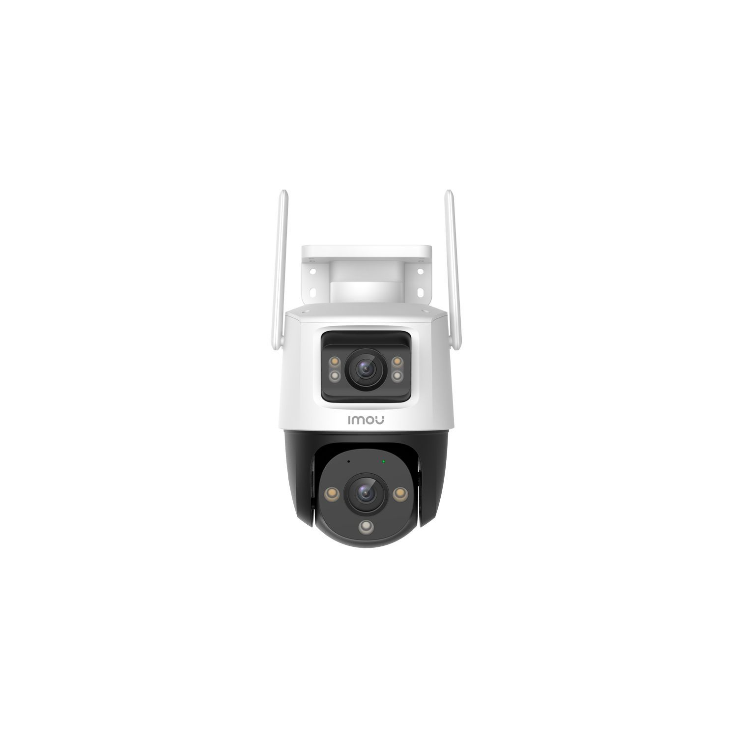 White and black security camera with two antennas. The camera is mounted on a white wall.