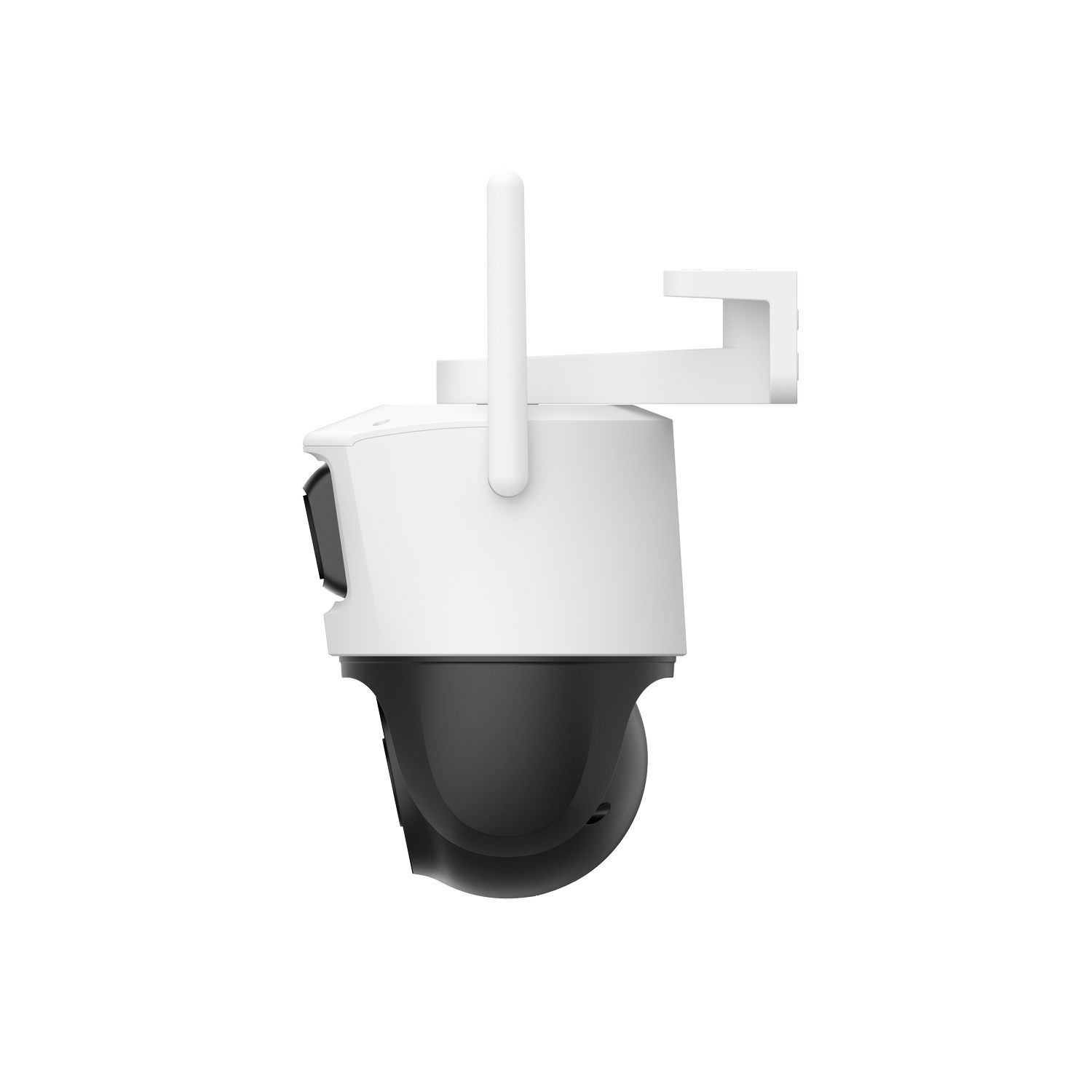 A white and black security camera with an antenna. It is mounted on a white surface.