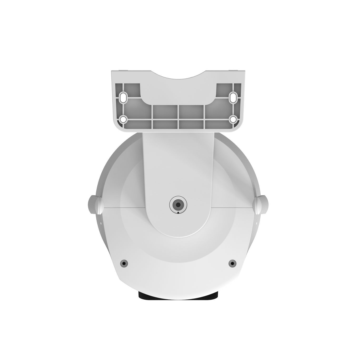 White, circular, and cylindrical object from above, with a mounting bracket.