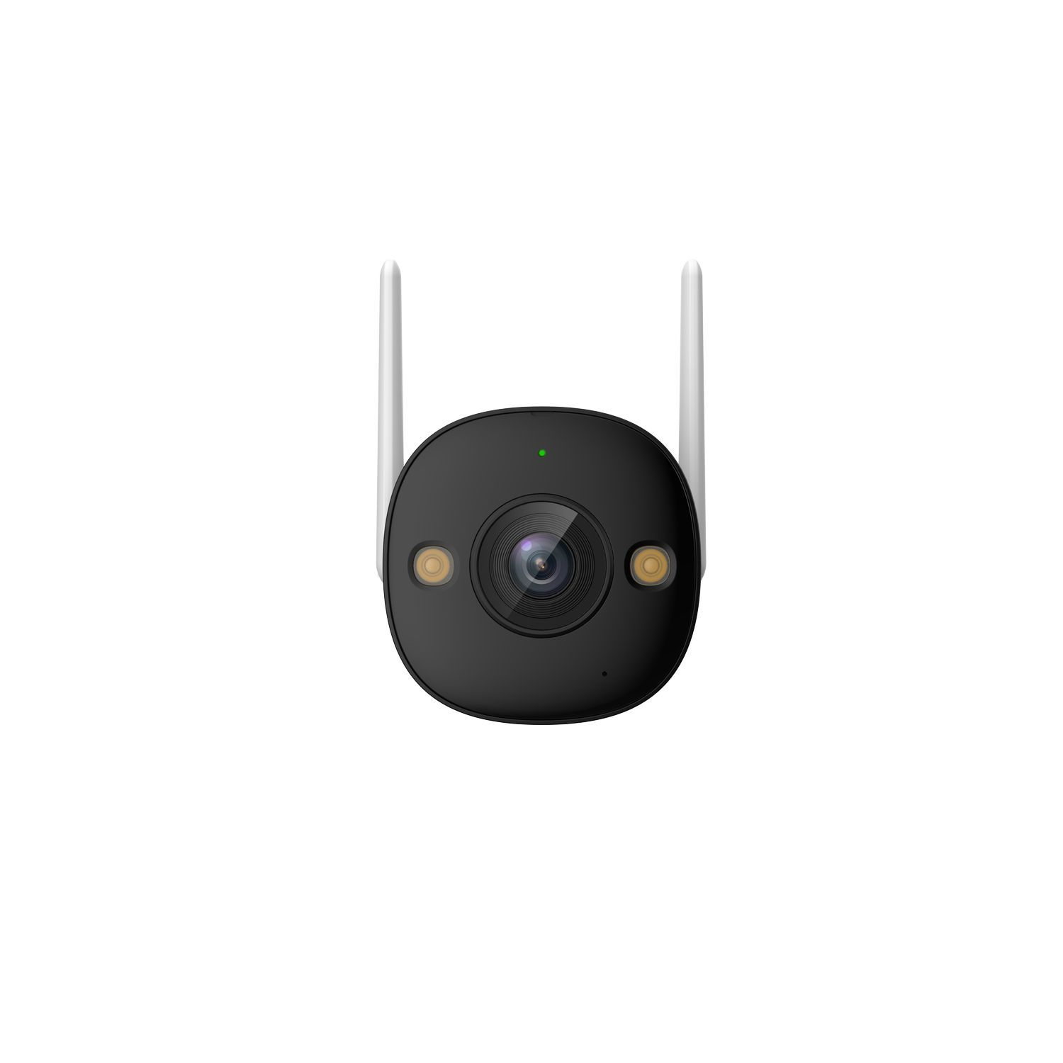 Een zwarte beveiligingscamera met twee antennes, met een cameralens en gele accenten.