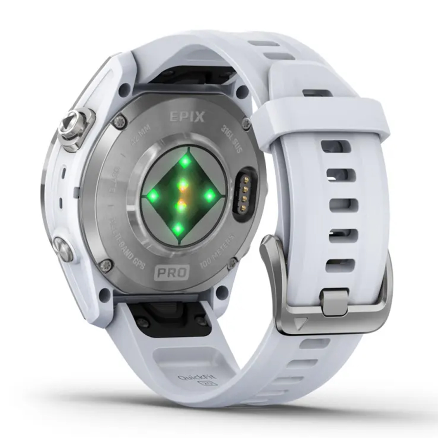 Smartwatch bianco, vista posteriore, con cinturino bianco. Luci del sensore verdi visibili sul retro.