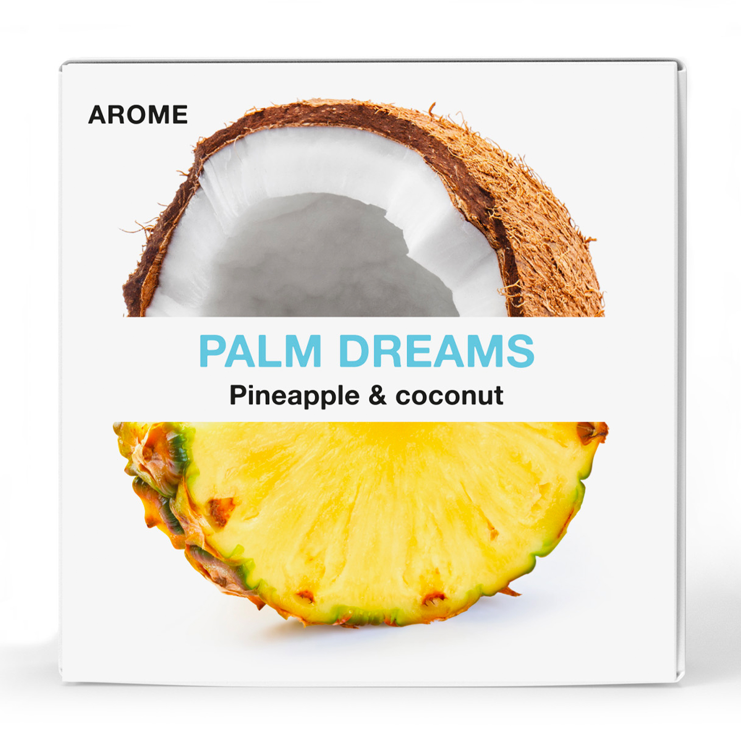 Un pacchetto di prodotti mostra una noce di cocco e una fetta di ananas con il testo: Palm Dreams.
