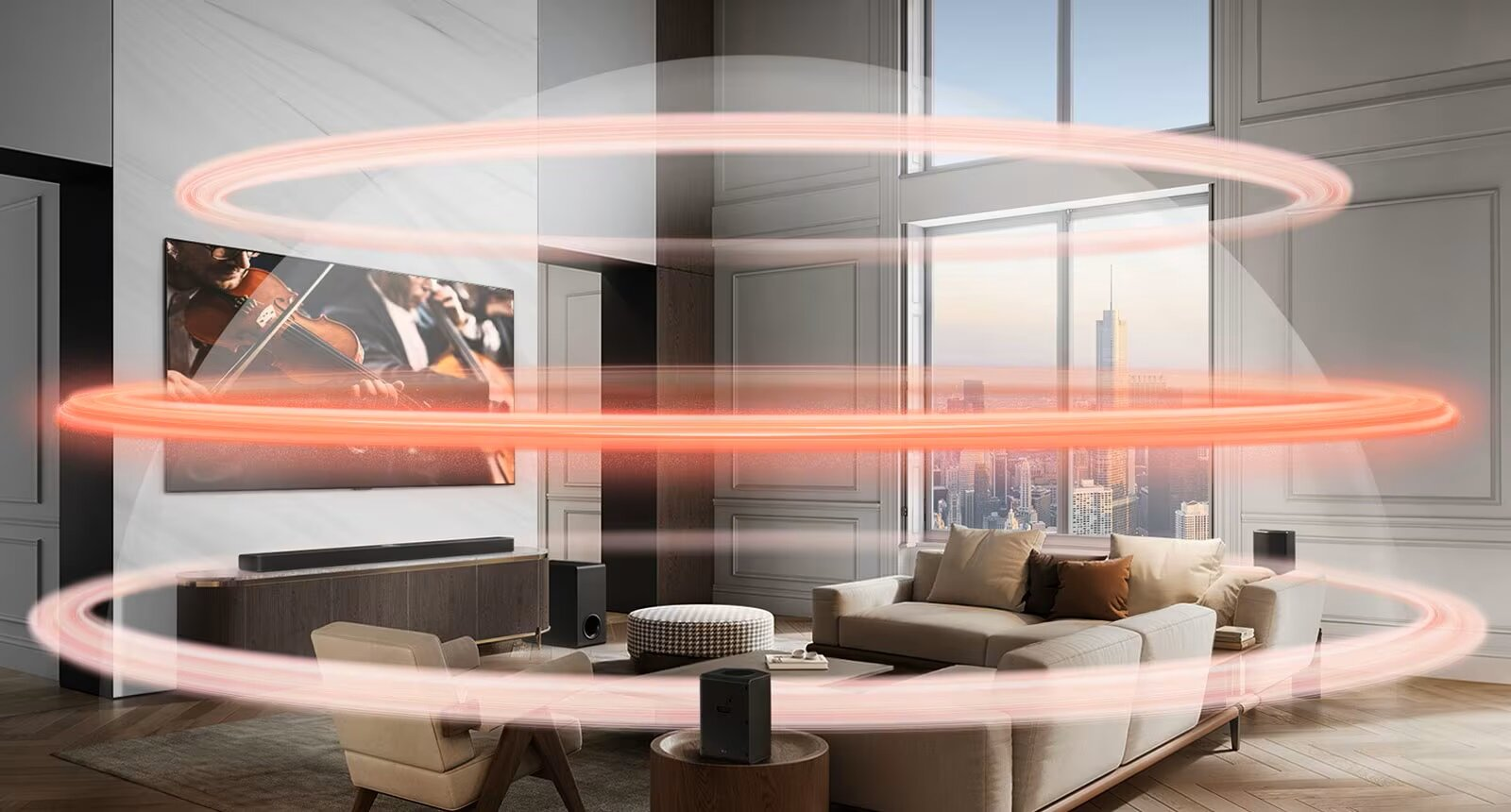 Salon z dużym telewizorem, soundbarem i efektem fali dźwiękowej. Pokój ma nowoczesny design i widok na miasto.