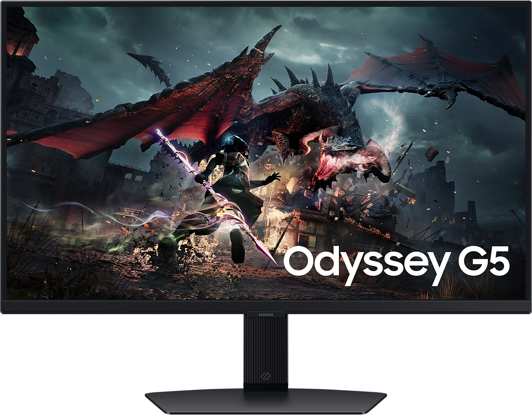 Samsung Odyssey G5 monitor, sárkányos és lovagos jelenet.