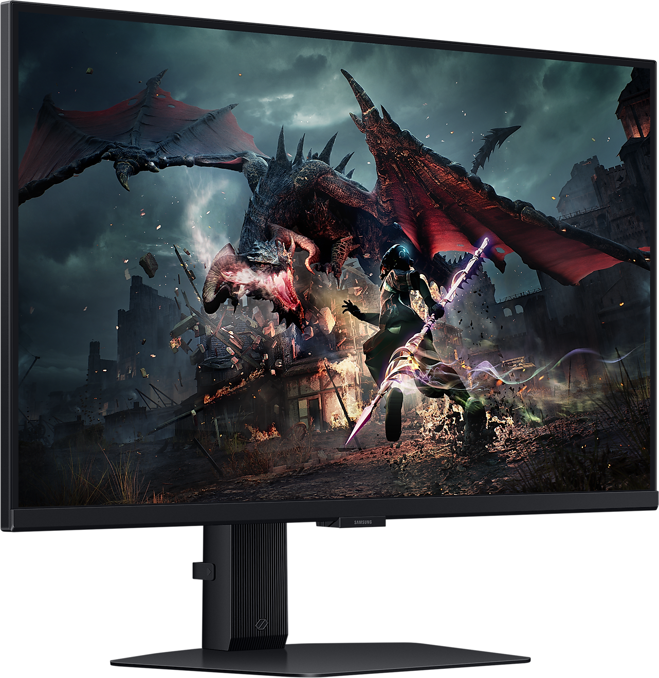Monitor egy sárkánytámadás fantáziajelenetét mutatja.
