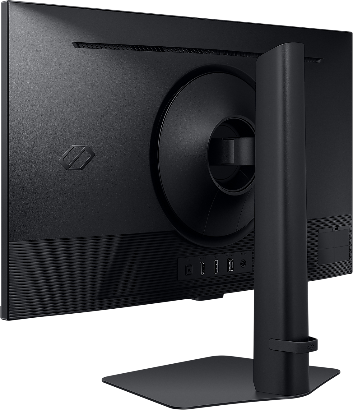 Fekete monitor hátulja. Portok láthatók, állvány csatlakoztatva. Matt felület. Minimalista design.