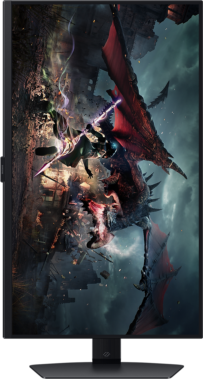 Egy gaming monitor, amely egy sárkánnyal és egy harcossal ellátott fantasy jelenetet jelenít meg.